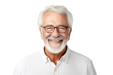 Portrait studio shot of an attractive, healthy senior man smiling relaxedly isolated on transparent png background.
