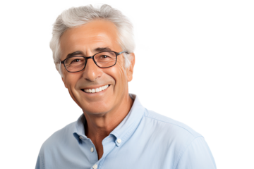 Portrait studio shot of an attractive, healthy senior man smiling relaxedly isolated on transparent png background.