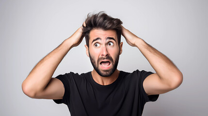 A man with beard wearing black T-shirt standing with mouth open surprised or shocked expressions, his hands-on head isolated on gray background. He is looking at the camera with shocked expressions. 