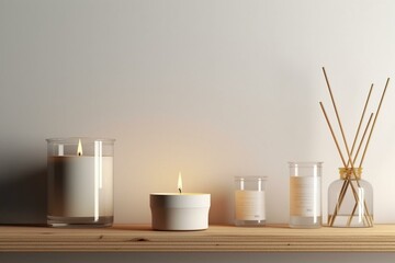 Glass scented candle & blank label mockup with aroma reed diffuser on wooden shelf against white wall. Home aromatic candles & aromatherapy. 3D rendering. Generative AI - obrazy, fototapety, plakaty