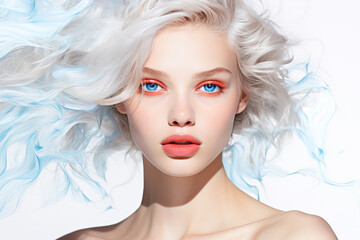 Fototapeta premium A glamorous doll-like girl with striking red eyes and a perfect makeup makeover, adorned with long eyelash extensions and bold cosmetics, poses for a fashion portrait with her captivating human face
