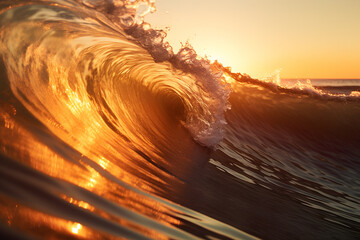 Close-up view of a sea wave during sunset.  swirl wave. macro. wallpaper concept. 