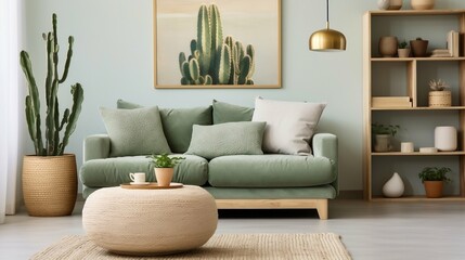 Stylish Scandinavian living room with green velvet sofa