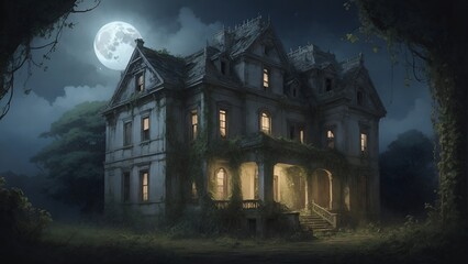 A dilapidated mansion, its windows boarded up and its walls covered in ivy. The moon casts an eerie glow on the crumbling structure, and you can't help but feel a sense of foreboding as you approach.