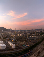 Naklejka premium Oil Refinery pant. Gas Petrochemical Chemical Equipment Prodiction import export Concept, Crude Oil Refinery Plant Steel Pump Pipe line and Chimney and Cooling tower, Chemical Petrochemical plant