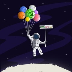 Naklejka premium astronaut on the planet. Painting Illustration Astronaut floating in space holding a multi-colored balloon. Another person holds a sign with the message 