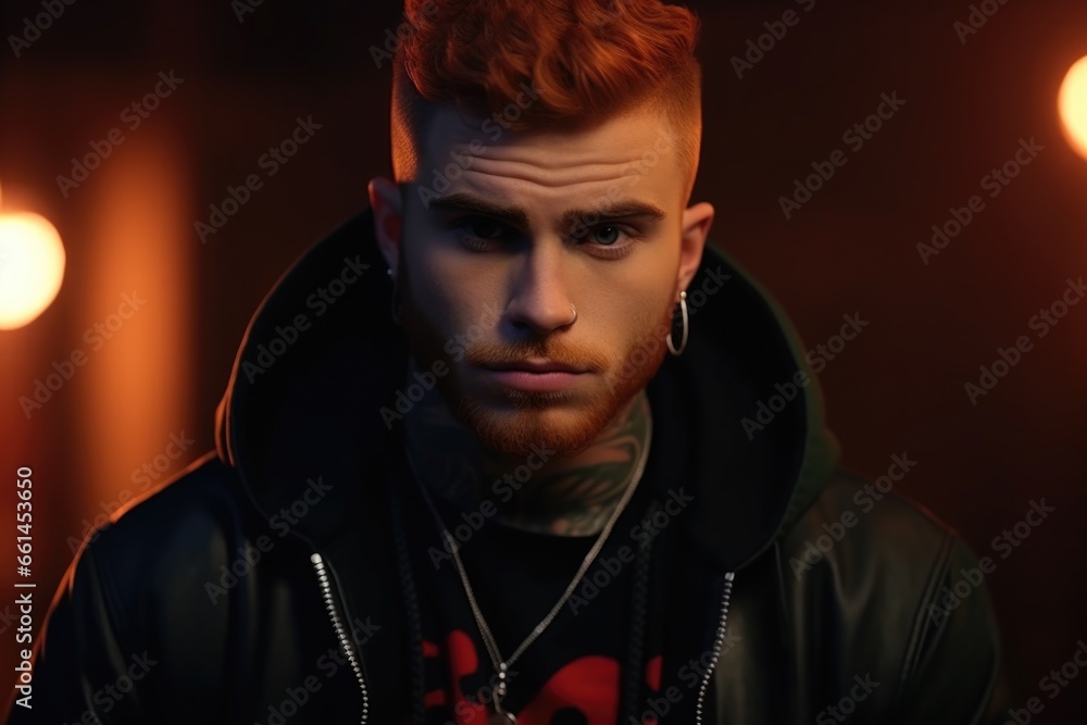 Poster a picture of a man with a beard wearing a leather jacket. this image can be used to depict a rugged 