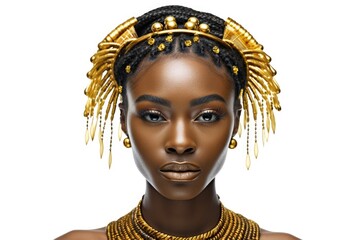 A picture of a black woman wearing a stunning gold headpiece. This image can be used to depict elegance, beauty, and culture.