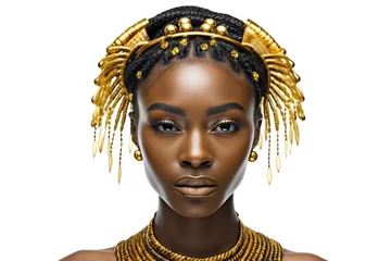 Fotobehang A picture of a black woman wearing a stunning gold headpiece. This image can be used to depict elegance, beauty, and culture. © Fotograf