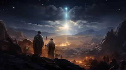 Fotobehang Christmas, shepherds following a star to Bethlehem © GS Edwards Studio