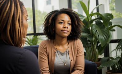 African American female counselor demonstrating empathy. highlighting importance of mental health support and therapeutic communication. Therapy group listens attentively. Generative AI