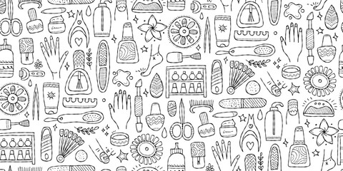 Manicure and pedicure collection. Horizontal seamless pattern background for your design. Colouring page