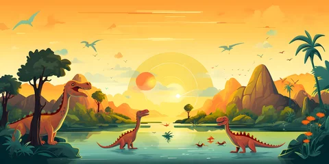 Poster Dinosaurs in nature  with sunset background © Natalina