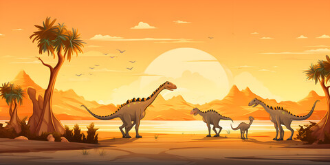 Dinosaurs in nature  with sunset background