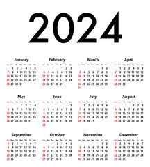 English Calendar grid bold digits for 2024. Best for calendar print, business, web design, office needs and presentations. Sundays first. Vector illustration
