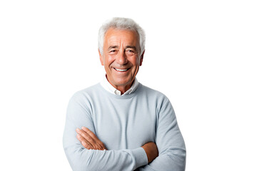 Portrait studio shot of an attractive, healthy senior man smiling relaxedly isolated on transparent png background.