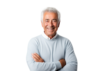 Portrait studio shot of an attractive, healthy senior man smiling relaxedly isolated on transparent png background.