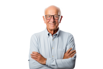 Portrait studio shot of an attractive, healthy senior man smiling relaxedly isolated on transparent png background.