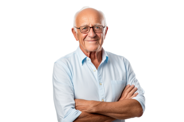 Portrait studio shot of an attractive, healthy senior man smiling relaxedly isolated on transparent png background.