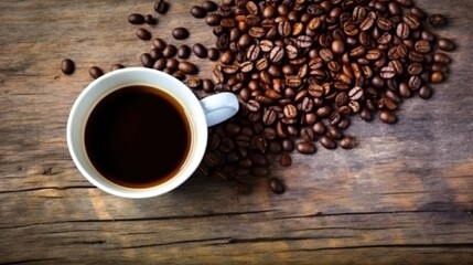 Naklejka premium Hot coffee and seeds on the surface of the old wooden table, generative ai