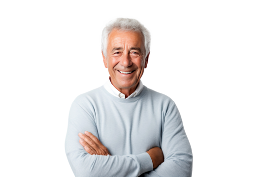 Portrait studio shot of an attractive, healthy senior man smiling relaxedly isolated on transparent png background. - Powered by Adobe