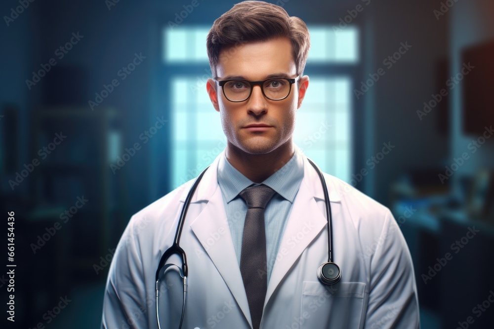 Poster a professional man wearing a lab coat and holding a stethoscope. this image can be used to represent