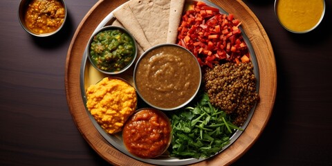 Savor the visuals of Ethiopian cuisine, featuring a flat lay of injera, lentils, and spicy stews, gracefully arranged with intentional empty space for your text.