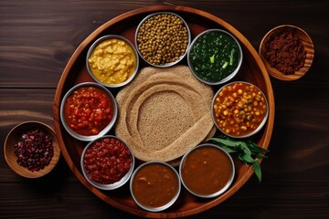 Savor the visuals of Ethiopian cuisine, featuring a flat lay of injera, lentils, and spicy stews,...