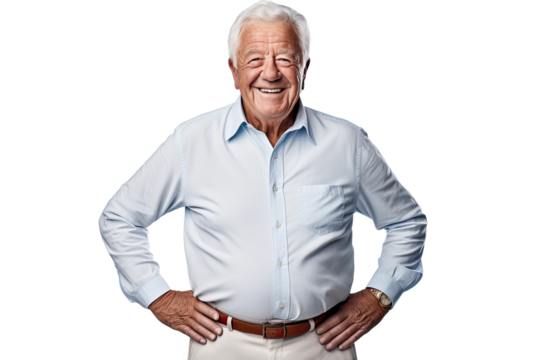 Portrait studio shot of an attractive, healthy senior man smiling relaxedly isolated on transparent png background.