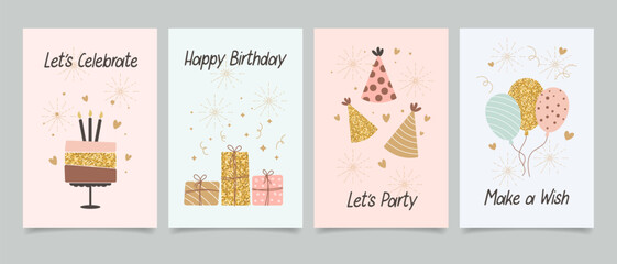 Fototapeta na wymiar Happy birthday. Set of greeting cards with cakes, balloons, gifts and party hats with calligraphy. Cute congratulations templates in a simple style. Vector