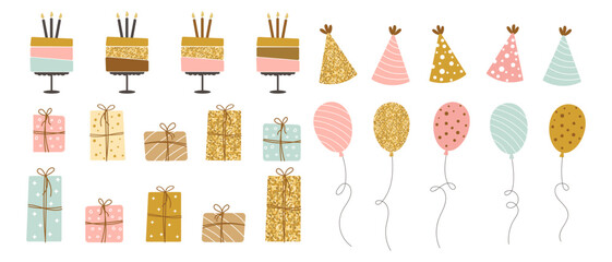 Happy birthday party elements collection. Cakes, balloons, gift boxes and party hats. Festive set in a simple style, decorative elements. Vector