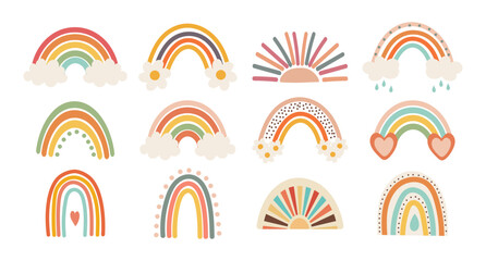Set of doodles, hand drawn rainbows. Baby stickers, scrapbook icons. Minimal abstract art. Vector