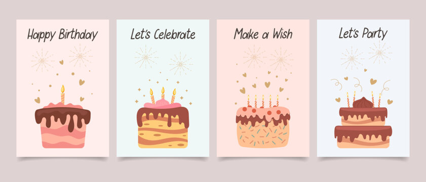 Happy birthday. Set of greeting cards with cakes and candles and calligraphy lettering. Cute congratulations templates in flat style. Vector