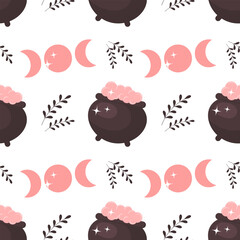 Halloween pink background. Seamless pattern with cute Halloween elements, magic pot, moon and stars. Cartoon design in flat style. Vector