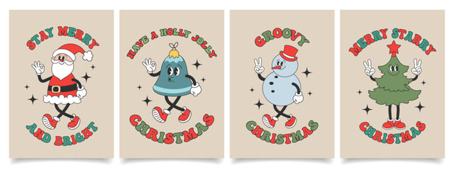 	Set of Christmas cards with retro Groovy hippie characters. Snowman, Santa Claus, Christmas tree, Christmas decoration ball. Holiday illustrations in trendy cartoon style. Vector