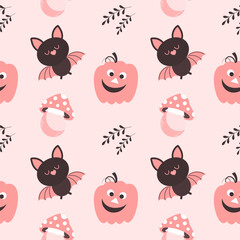 Halloween pink baby background. Seamless pattern with cute Halloween elements, pumpkins, bats and mushrooms. Cartoon design in flat style. Vector