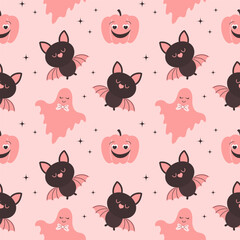Halloween pink background. Seamless pattern with cute Halloween elements, ghosts, pumpkins, bats and mushrooms. Cartoon design in flat style.