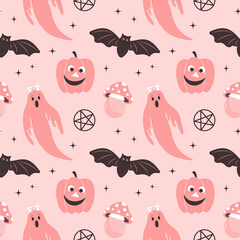 Halloween pink background. Seamless pattern with cute Halloween elements, ghosts, pumpkins, bats and mushrooms. Cartoon design in flat style.