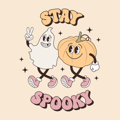 Groovy lettering card for halloween. Stay Spooky calligraphy and ghost and pumpkin characters. Retro design for posters, cards, t shirts