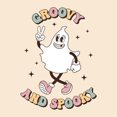 Groovy lettering card for halloween. Groovy and Spooky calligraphy and cute funny ghost character. Retro design for posters, cards, t shirts