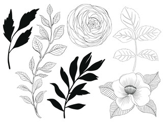 Traditional Christmas outline drawing illustrations of holly, mistletoe, Christmas tree, rose, bloom,blossom,foliage Christmas decoration elements.