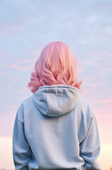 Fototapeta premium Woman with pink hair is standing behind