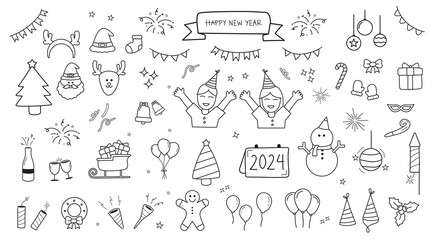 Fototapeta na wymiar big set happy new year and merry christmas collection, happy new year and merry chrristmas outline style collection, doodle elements