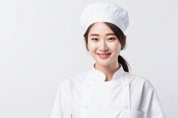 A woman wearing a chef's hat smiles at the camera. This picture can be used to represent a happy chef or to showcase culinary skills in a professional kitchen.