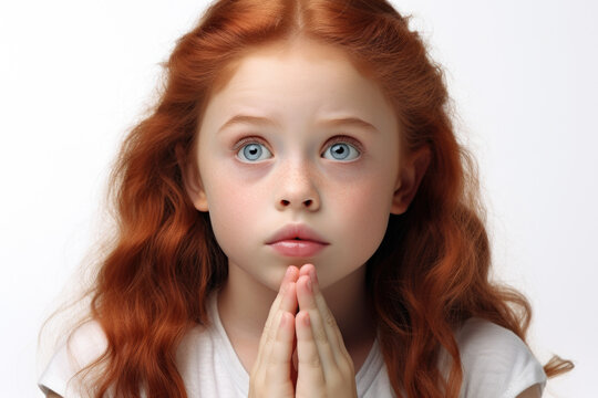 A young girl with vibrant red hair is captured in a moment of prayer. This image can be used to depict faith, spirituality, or meditation.