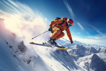 Naklejka na ściany i meble Skier jumping on a sunny mountain slope