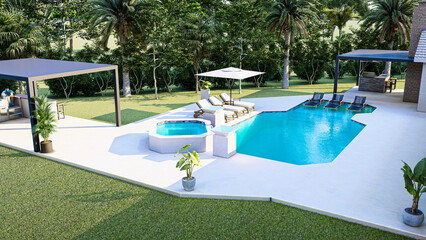 3D modeling and rendering of swimming pool design.