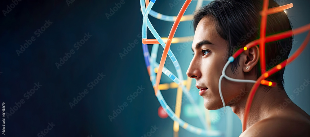 Poster man dna genetic of human on virtual interface. dna connecting in virtual interface on future, scienc