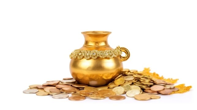 Dhanteras, Akshaya Tritiya, Golden kalash and coins, Generative ai