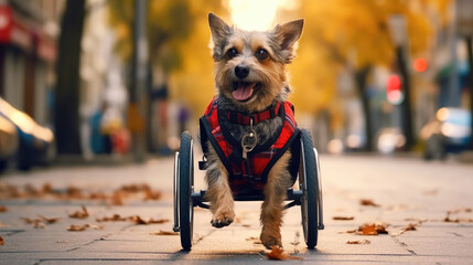 A Happy dog with a disabled leg using a wheelchair for a walk around the vet clinic - obrazy, fototapety, plakaty